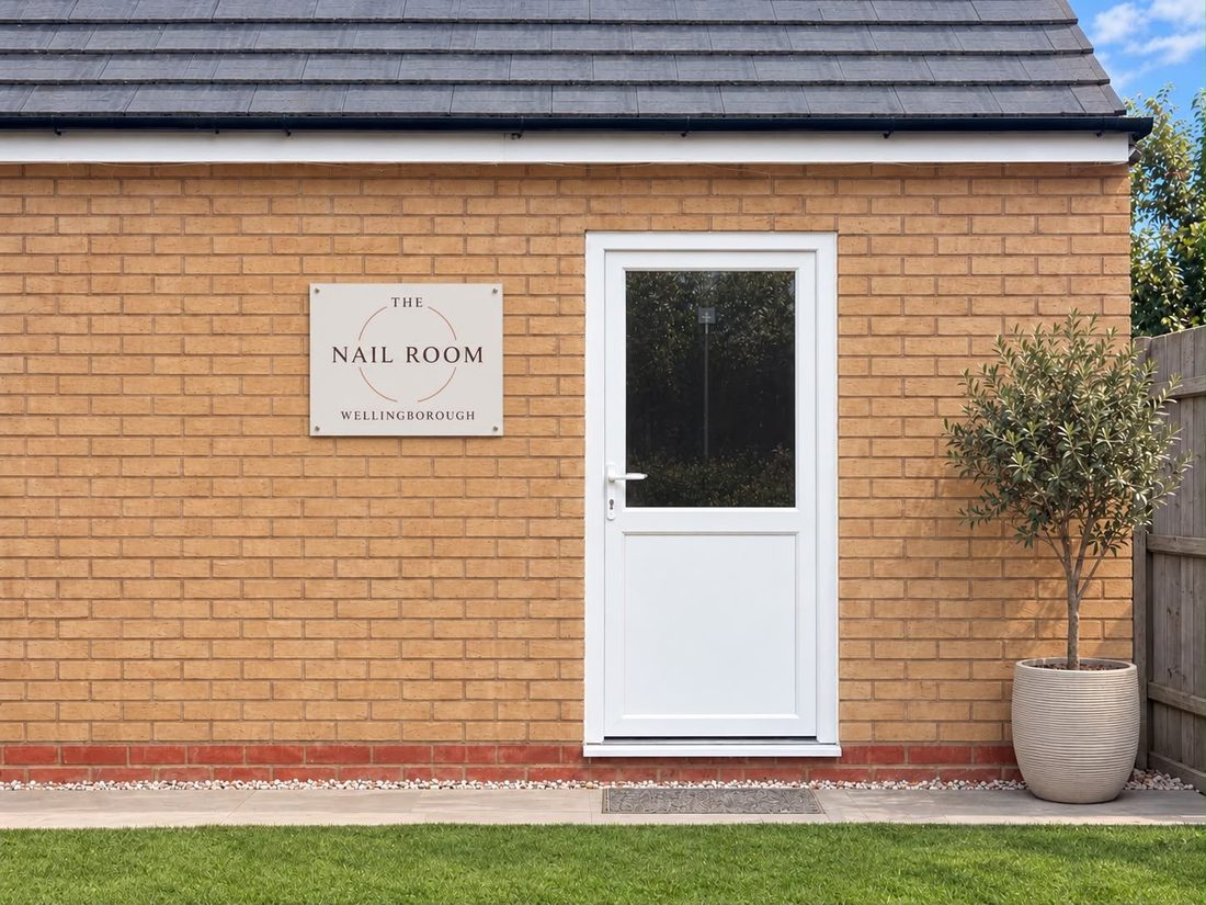 The Nail Room Wellingborough studio entrance with the shop sign